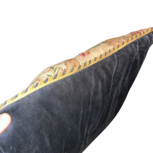 Custom Made Vintage Linen Cabbage Rose Bouquets Blue velvet 2 pillow covers 21" - Picture 5 of 5